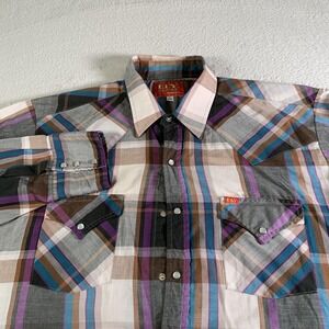 Ely Plains Shirt Mens XL 17 34/35 Plaid Western Pearl Snap Long Sleeve Cowboy